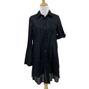 Lands End Shirt Dress Womens Small 6/8 Black Cotton Button Front Back Tab Sleeve